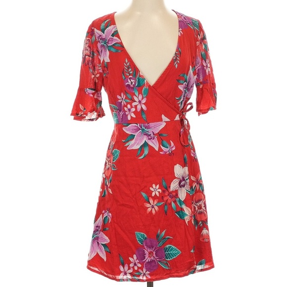 Old Navy Deep V Neck Waist-Defined Bell-Sleeve Faux-Wrap Red Mini Dress Large - Picture 3 of 11